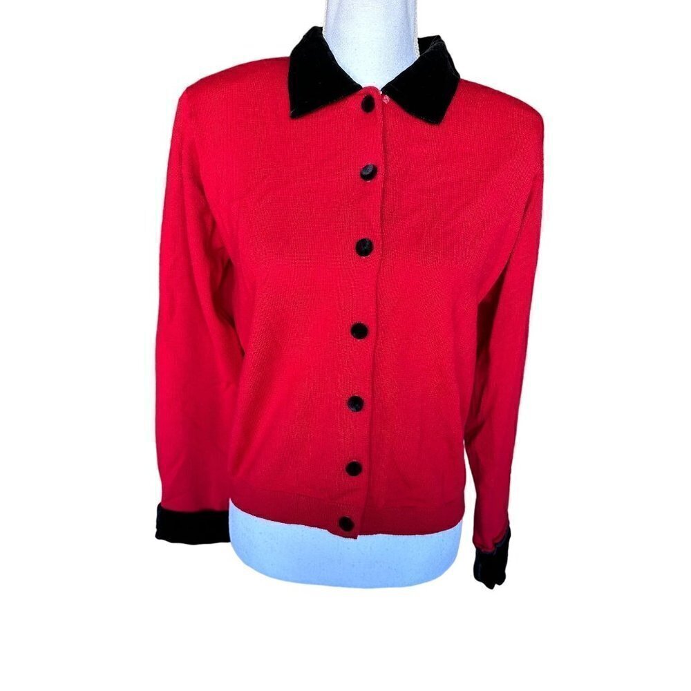 Vintage Valerie Stevens Red Sweater Cardigan Black Velvet Trim Merino Wool Sz M